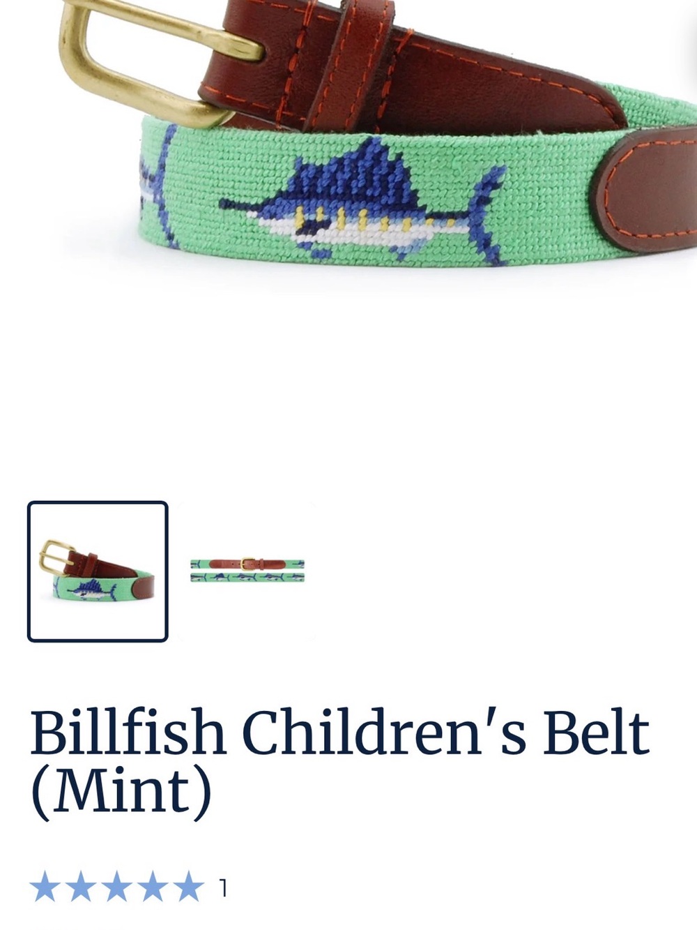 Smithers and Branson Children's Mint Billfish Needlepoint Belt - size Kids Large